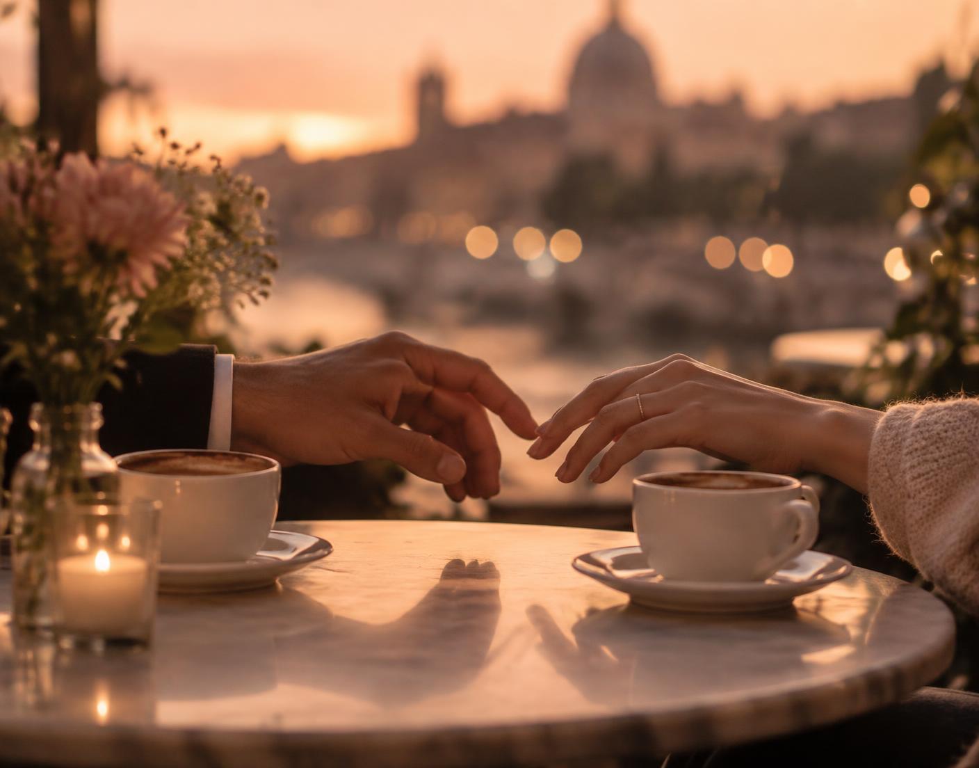 Two people reaching for each other's hands over coffee at sunset